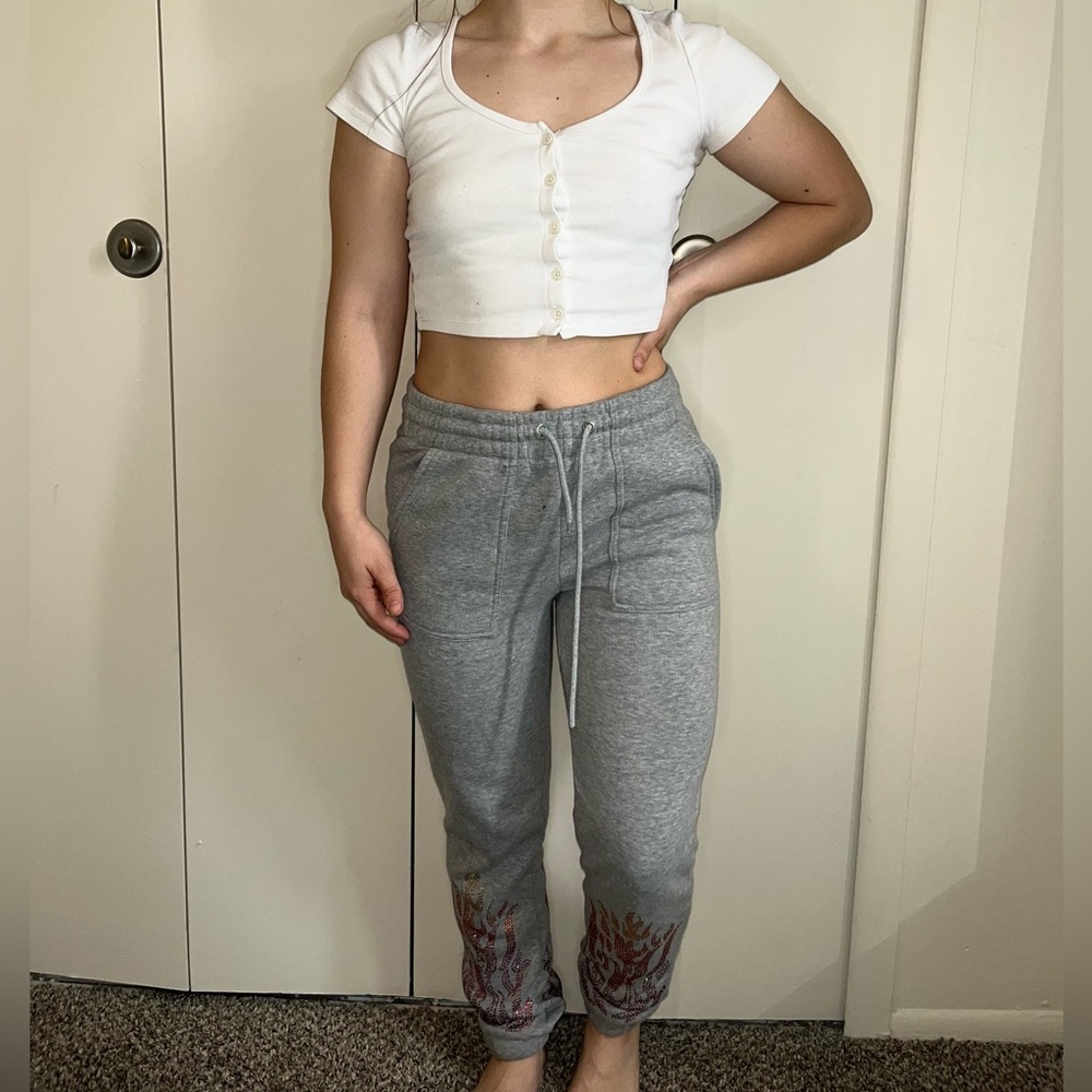 Grey Sweatpants with Rhinestone Fire Print